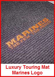 Avery's Luxury Touring Carpeted Car Mat with the Marines Logo sewn on. Available for cars, pickups, SUV, golf carts, minivans.