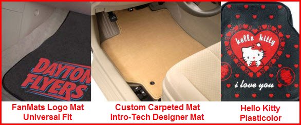 Carpeted Car Mats in Universal and Custom Fit designs. Logos and embroidery. Heavyweight, luxurious carpet with rubber non-slip backing.