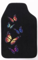 Kraco Distributes Auto Expressions Flutter ( Butterfly ) line ofcar floor mats made from carpet with embossed colorful butterflies.